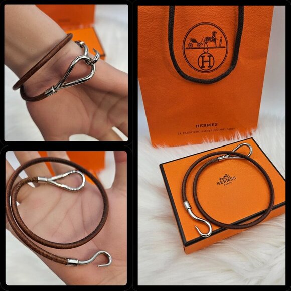 Hermès Brown Leather Silver-Tone Hook Bracelet - Picture 13 of 14